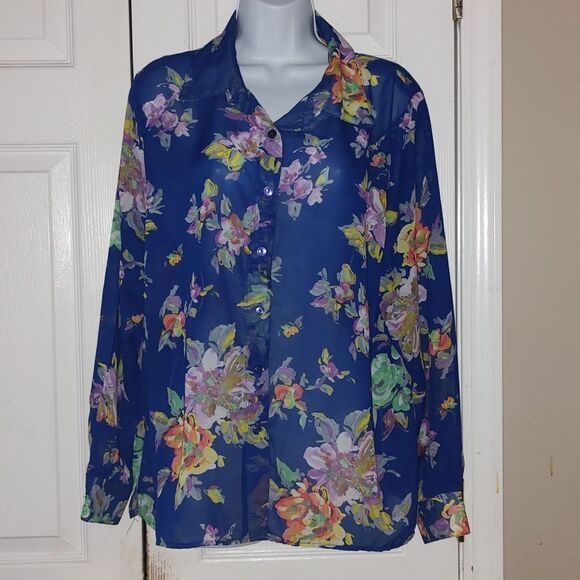 Potpourri Vintage sheer blue floral button down blouse  Sz XL EUC - Picture 1 of 4
